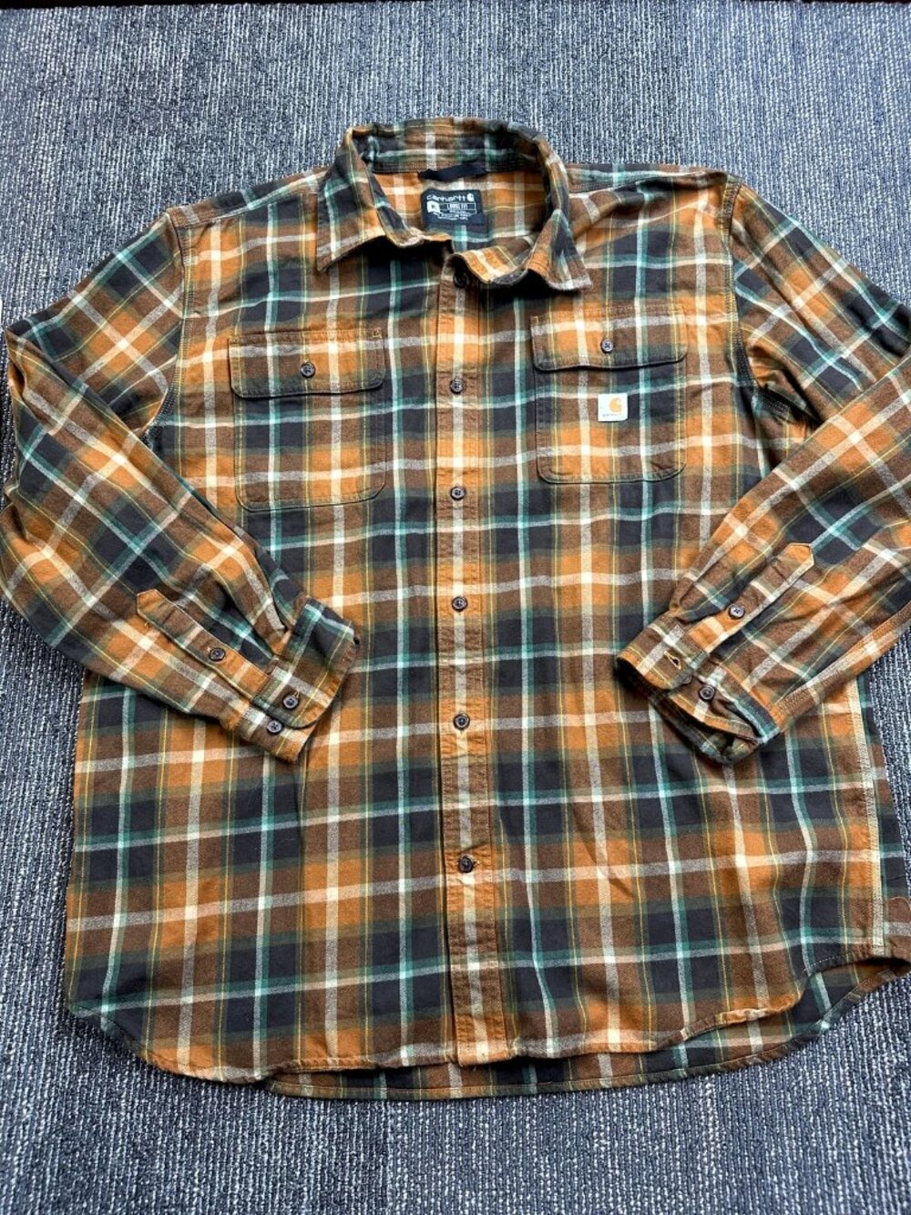 Carhartt Mens XL Flannel Shirt Loose Fit Plaid Brown Green Button Up LS